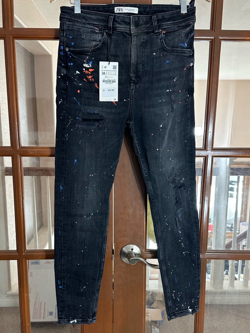 Zara Men Black Skinny Jeans with Paint-Splash Detail